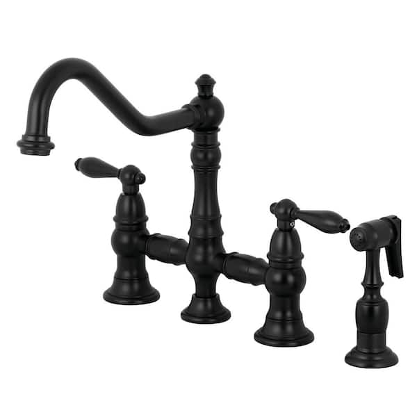 Kingston Brass Restoration 2-Handle Bridge Kitchen Faucet with Side Sprayer in Matte Black