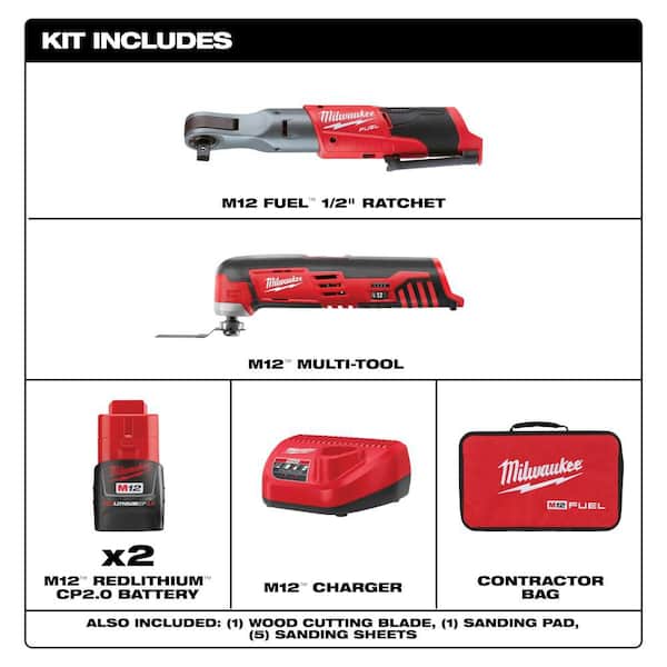 M12 FUEL 12V Lithium-Ion Brushless 1/2 in. Cordless Ratchet Kit with (2) 2. 0Ah Batteries, Charger, Bag & Multi-Tool