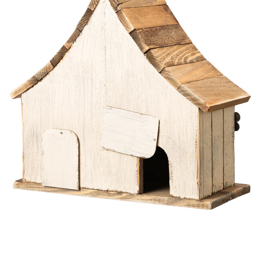 Distressed White Wooden Two-Story Garden Birdhouse with 3D Flowers
