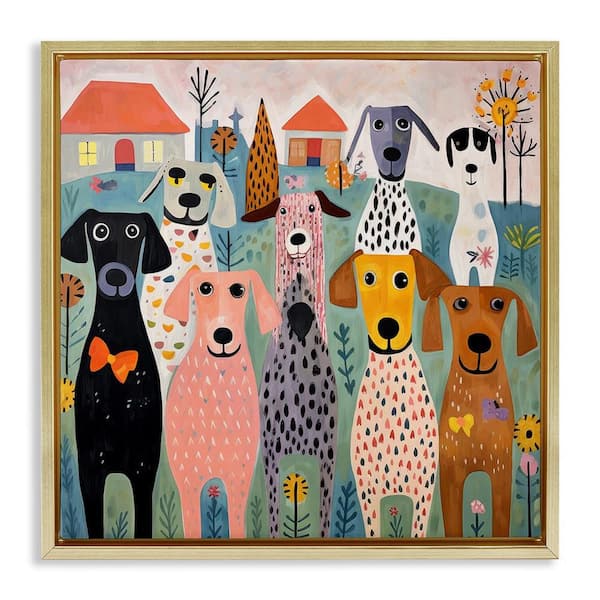 Patterned Dogs & Flowers by Lazar Studio Gold Floater Frame Graphic Art Print Animal 25 in. x 25 in.