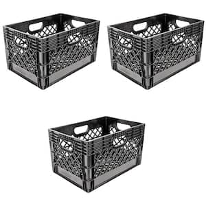 24 qt. Stackable Storage Crate with Handles in Black (3-Pack)