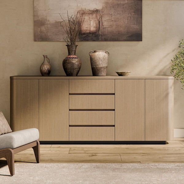 Light Oak Wood Buffet with Rounded Corners, 4-Drawers, Push-Latch Doors and Anti-Tip Kit
