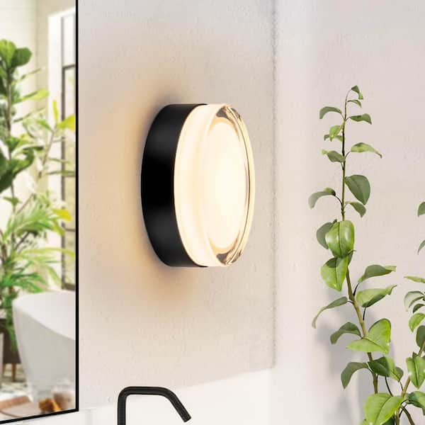 RRTYO Geren 5.9 in. W Modern Matte Black Round Integrated LED Flush Mount Light with Frosted Clear Glass Shade