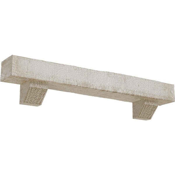Ekena Millwork 8 in. x 12 in. x 7 ft. Rough Sawn Faux Wood Fireplace Mantel Kit, Ashford Corbels, Whitewashed