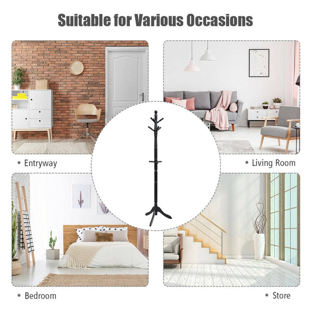 Adjustable Black Rubber Wood Coat Rack with 9 Hooks