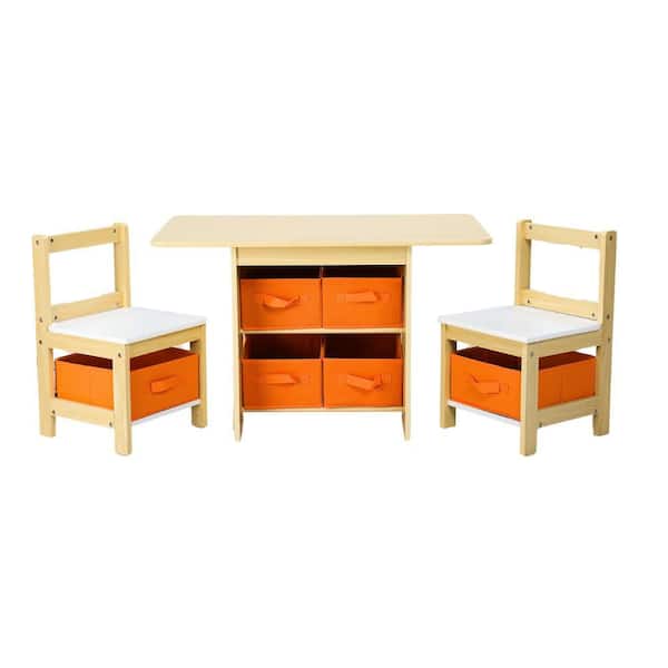 31.8"X18. 9" 3-Piece Wood Top Orange Kids Table & Chair Set With 6 Storage Bags