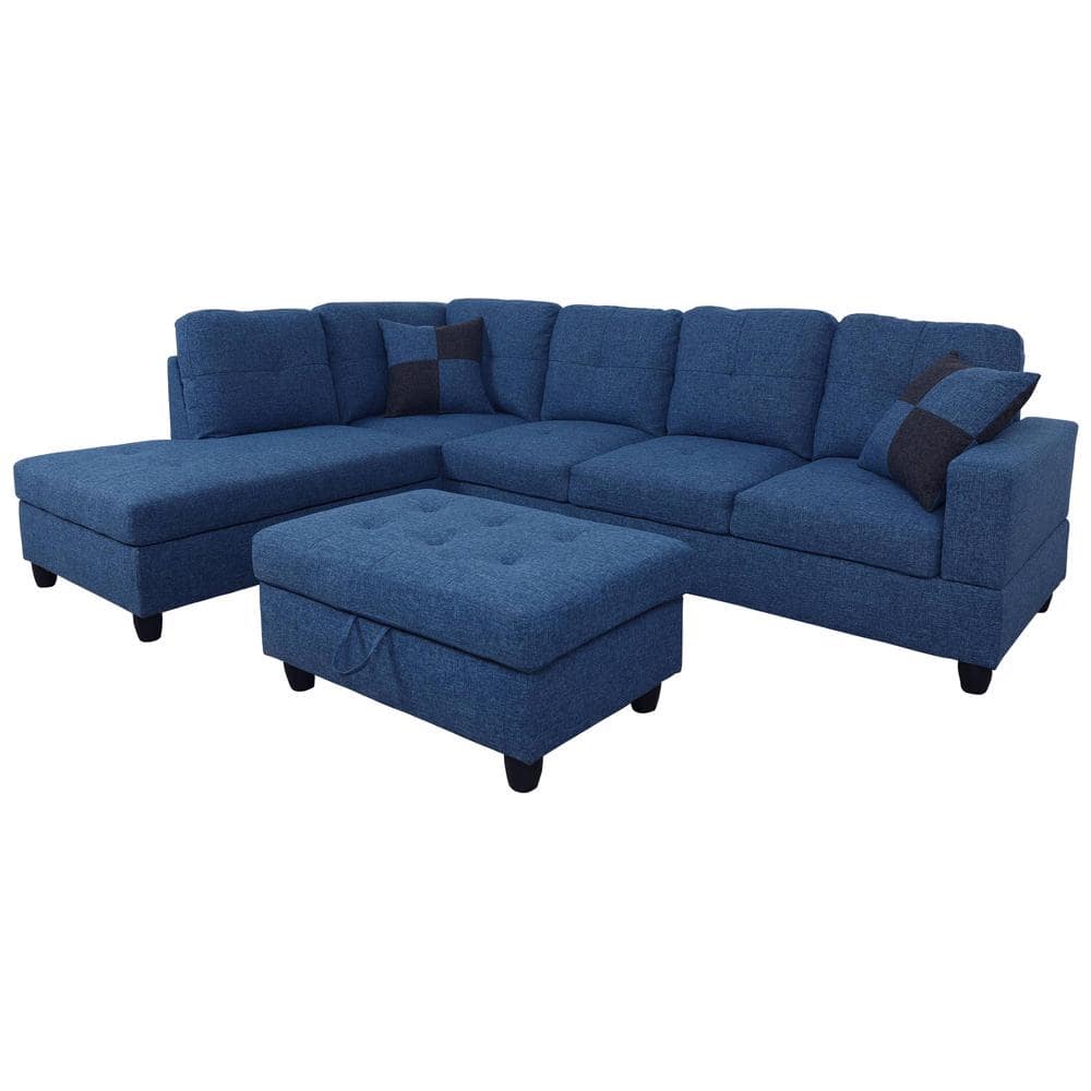 Modern Brush Microfiber Sectional Sofa Dark Blue L-Shape Couch w/ Wide Chaise 