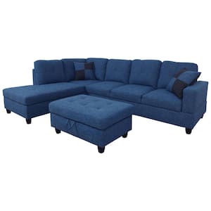 3-Piece Blue Microfiber 4-Seater L-Shaped Right-Facing Chaise Sectional Sofa with Ottoman