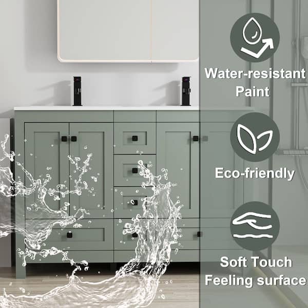 48 in. W. x 18 in. D x 34 in. H Sink Bath Vanity in Green with White Resin Double Sink Top and Drain Faucet Set