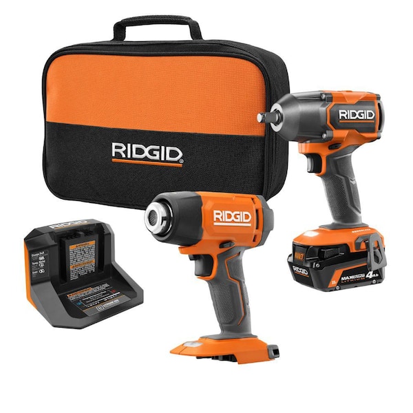 RIDGID 18V Cordless 2-Tool Combo Kit w/ Brushless 1/2 in. Impact Wrench, Heat Gun, 4.0 Ah MAX Output Battery, and Charger