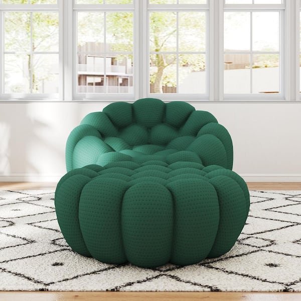 (Set of 2) Bubble Curved Sofa, 49 in. Mesh Fabric Sectional Sofa Floor Accent Chair with Ottoman for Apartment in Green