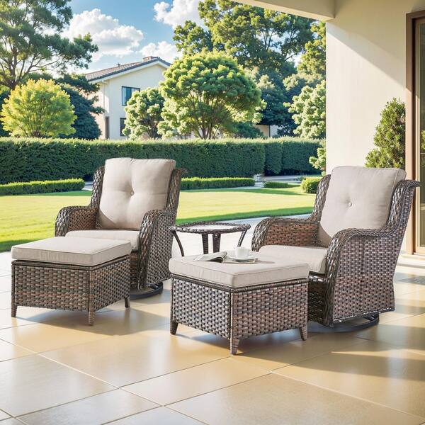 WellCane 5-Piece Brown Wicker Patio Conversation Set with Beige Cushions, Outdoor Swivel Chair With Ottomans for Porch