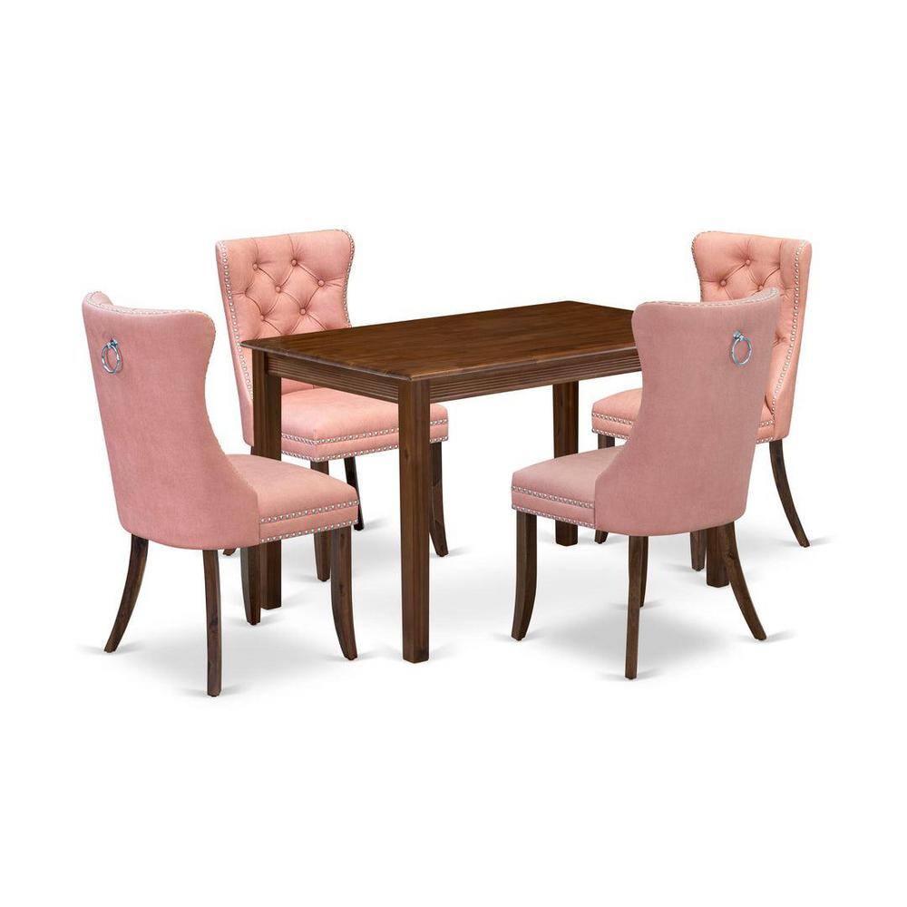 Antique Walnut 5-Piece Dining Set with Pink Upholstered Chairs