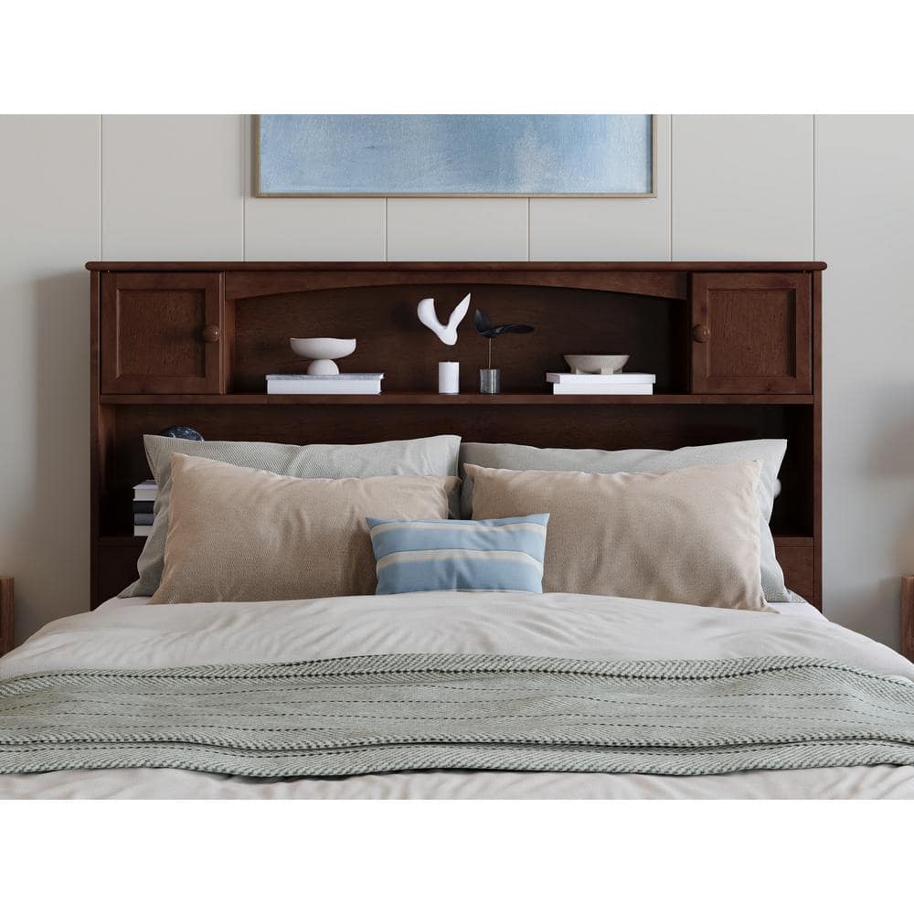 Walnut Full Size Bookcase Headboard with Storage and USB Charger