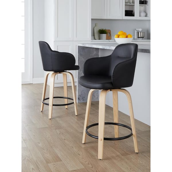 Lumisource Boyne 24 in. Black Faux Leather, Natural Wood and Black Metal Fixed-Height Counter Stool (Set of 2)
