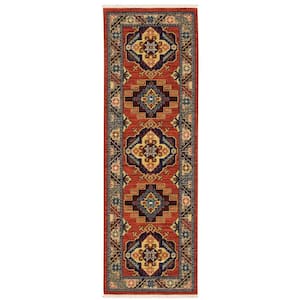 Lillian Red/Multi-Colored 2 ft. x 6 ft. Triple Oriental Medallion Wool/Nylon Blend Fringed-Edge Indoor Runner Area Rug