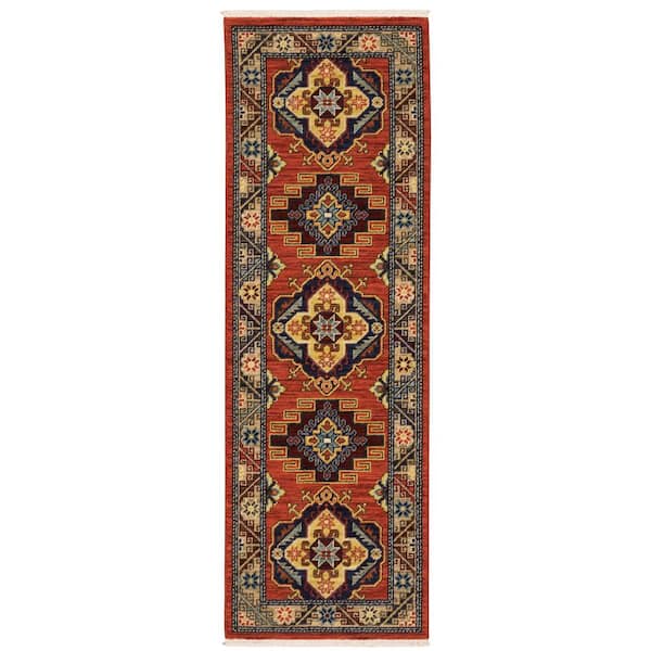 Lillian Red/Multi-Colored 2 ft. x 6 ft. Triple Oriental Medallion Wool/Nylon Blend Fringed-Edge Indoor Runner Area Rug