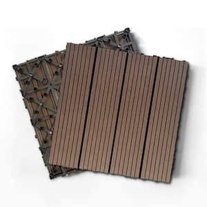 12 in. x 12 in. Outdoor Garden Line Stripe Light Coffee Interlocking Wood-Plastic Composite Decking Tile, 20-Pieces