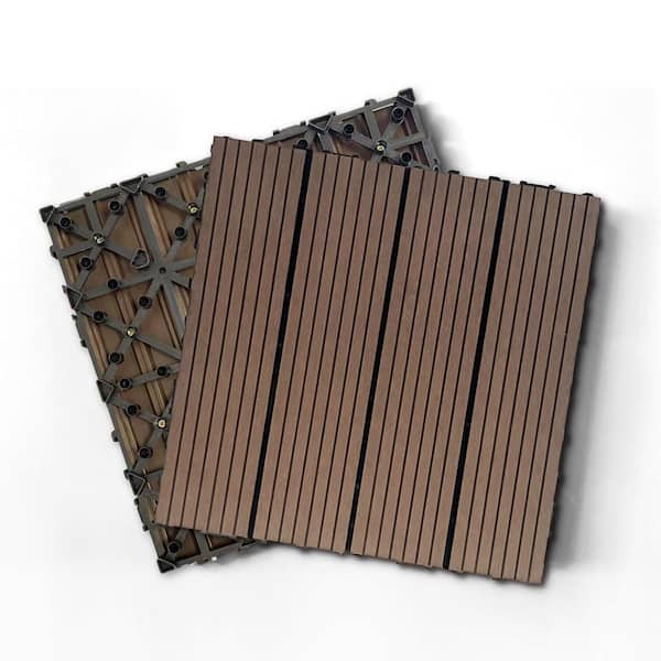 Tunearary 12 in. x 12 in. Outdoor Garden Line Stripe Light Coffee Interlocking Wood-Plastic Composite Decking Tile, 20-Pieces