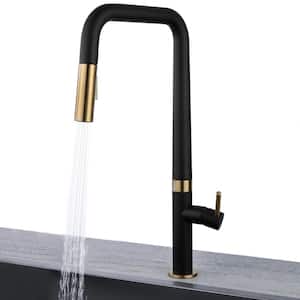 Easy-Install Single-Handle Deck Mount Squared Arc Pull-Down Sprayer Kitchen Faucet in Matte Black/Brushed Gold
