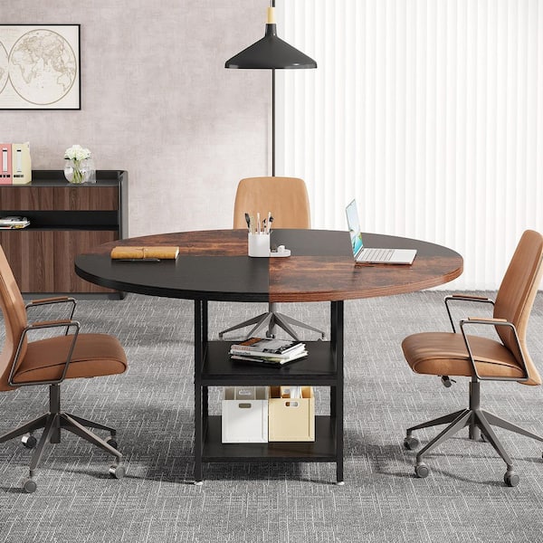 BYBLIGHT Moronia 47.25 in. Round Conference Table with 2 Storage Shelves, Modern Meeting Desk for Boardroom, Brown and Black