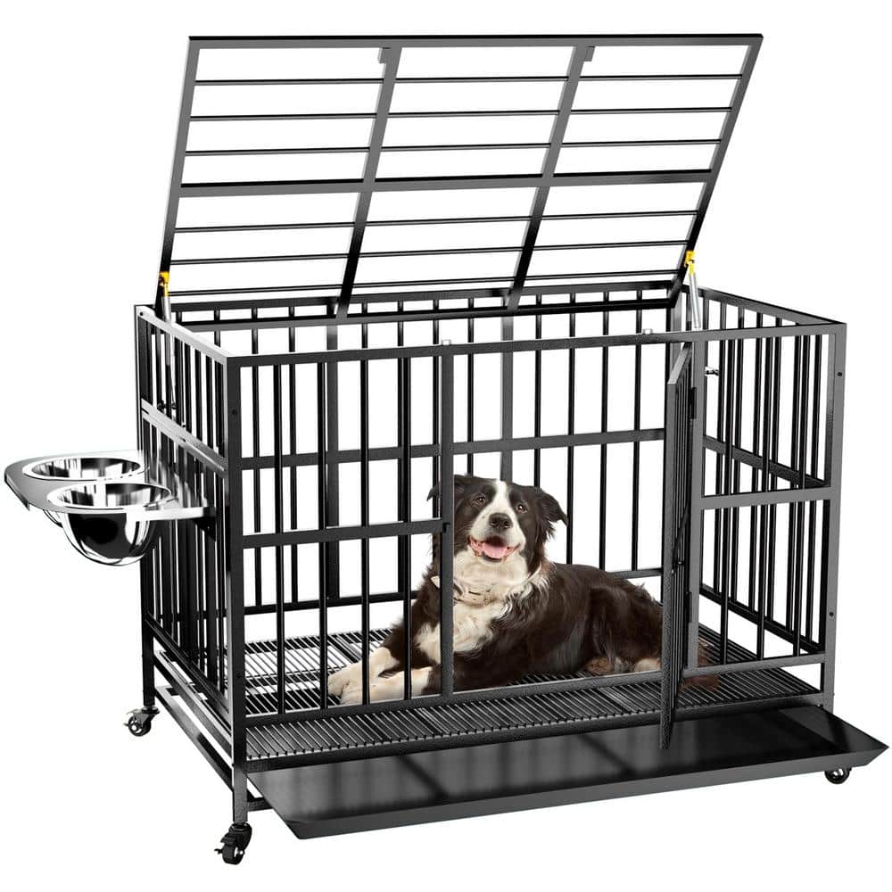 43-inch Medium Black Heavy Duty Steel Dog Crate with Stainless Steel Bowls