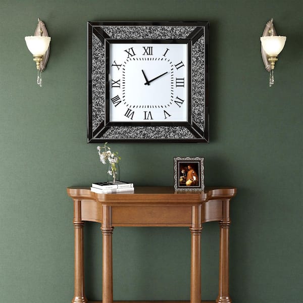 THKSHOUZ Black Roman Numeral Glass Diamond Mirror Wall Clock