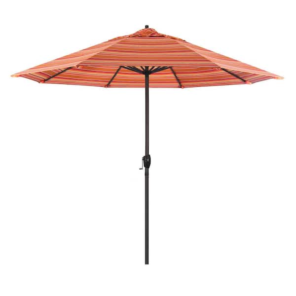 California Umbrella 9 ft. Bronze Aluminum Pole Market Aluminum Ribs Auto Tilt Crank Lift Patio Umbrella in Dolce Mango Sunbrella