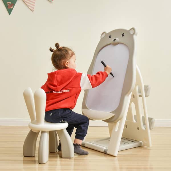 Infans 2 in 1 Kids Easel Desk Chair Set Book Rack Adjustable Art Painting  Board Gray
