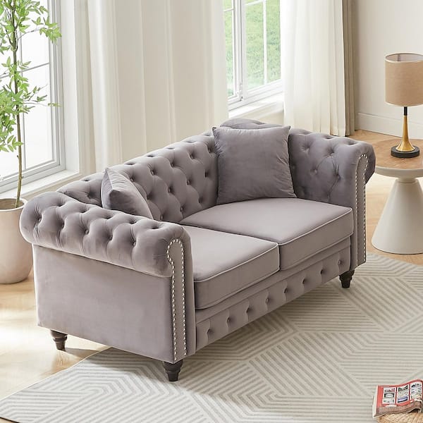 Arlene 63.5 in. Rolled Arm Velvet Upholstered Rectangle Tufted Chesterfield Sofa in Grey with Pillows, Nailhead Trim