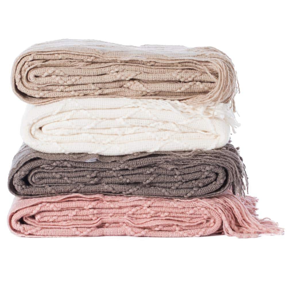 Pink Knitted Throw Blanket Set with Fringed Edges, 50x60 in