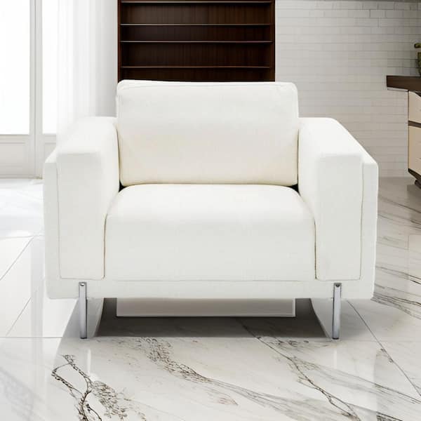 Benjara Off White and Gray Fabric Arm chair with Tuxedo Square Arms and Metal Legs