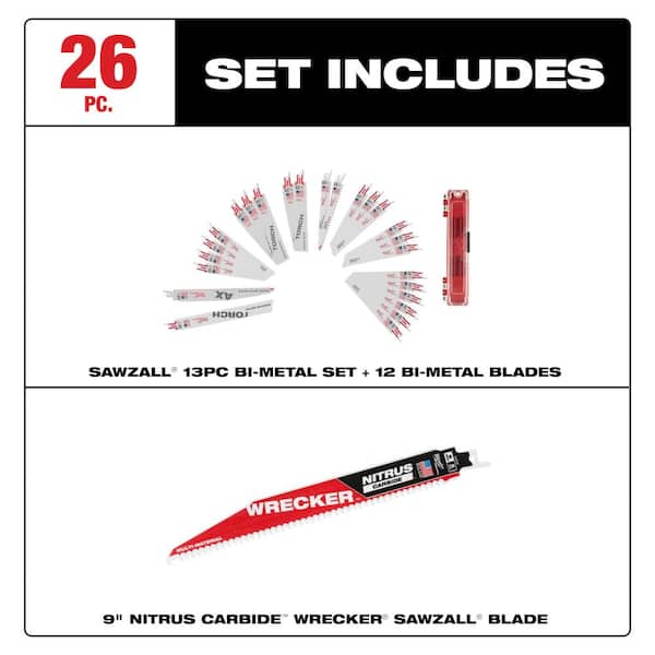 Sawzall Demolition Nail-Embedded Wood and Metal Cutting Bi-Metal Reciprocating Saw Blade Set (26-Piece)