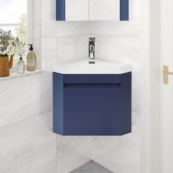 22 in. W x 8 in. D Blue Corner Wall Mount Bathroom Vanity Sink Set Single Bathroom Vanity with White Resin Vanity Top