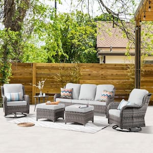 Moonlight Gray 6-Piece Wicker Patio Conversation Seating Sofa Set with Gray Cushions and Swivel Rocking Chairs