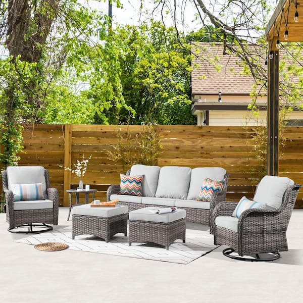 XIZZI Moonlight Gray 6-Piece Wicker Patio Conversation Seating Sofa Set with Gray Cushions and Swivel Rocking Chairs