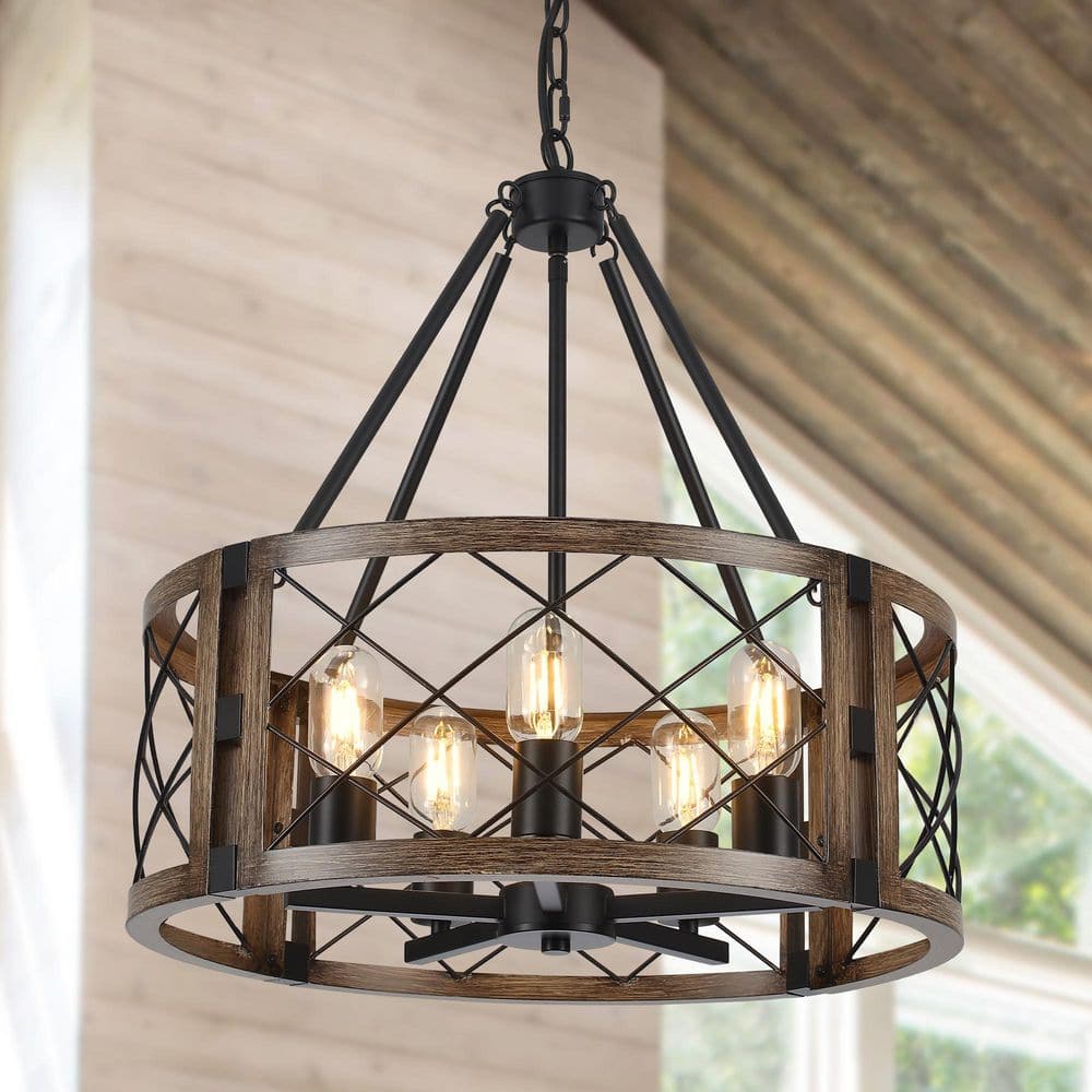 LWYTJO 5-Light Black/Imitation Wood Grain Rustic Drum Chandelier