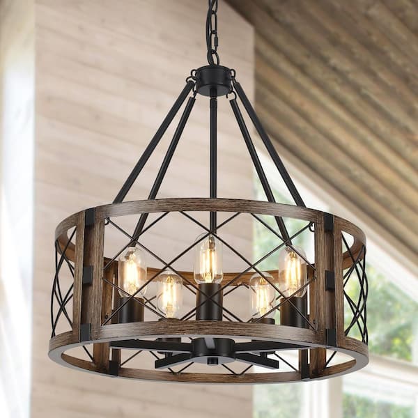 LWYTJO 5-Light Black/Imitation Wood Grain Rustic Drum Chandelier for Living Room Kitchen with No Bulbs Included