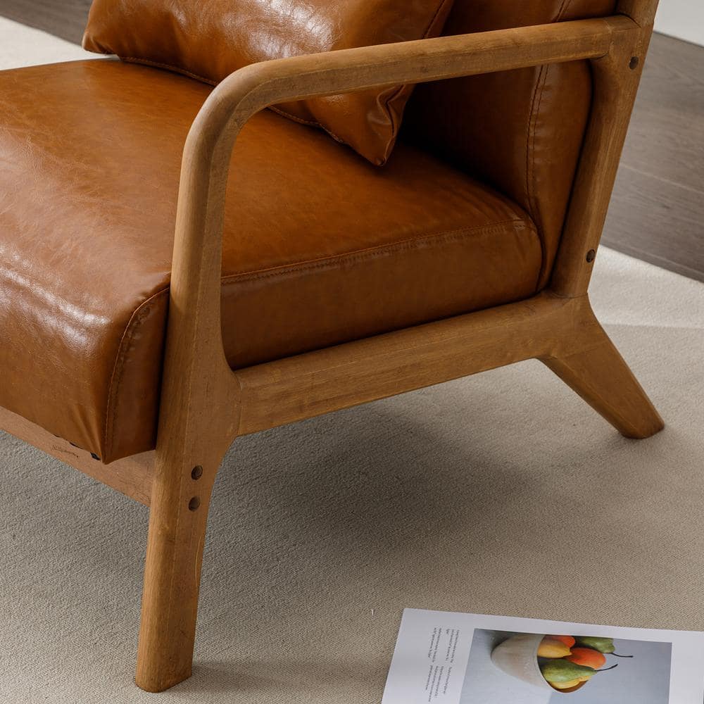 Camel Faux Leather Barrel Accent Chair with Wood Frame