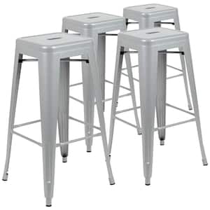 Silver Metal Outdoor Bar Stools with Stackable (4-Pack)