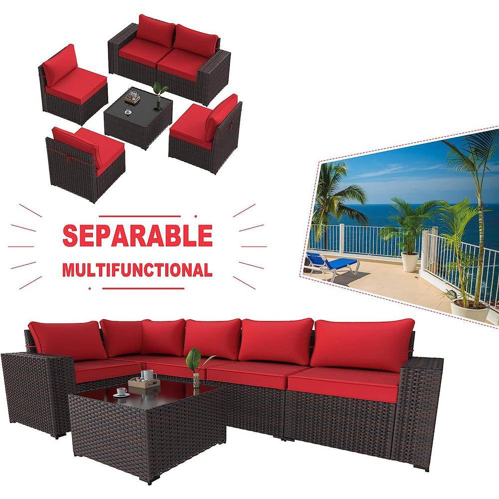 5-Person Brown Steel Frame Red Cushioned Wicker Outdoor Sectional Set