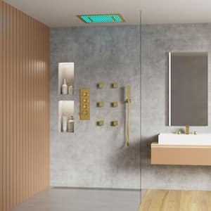 Thermostatic 7-Spray 20 in. Ceiling Mount Squre LED Mood Lighting Shower Systemr in Brushed Gold(Valve Included)