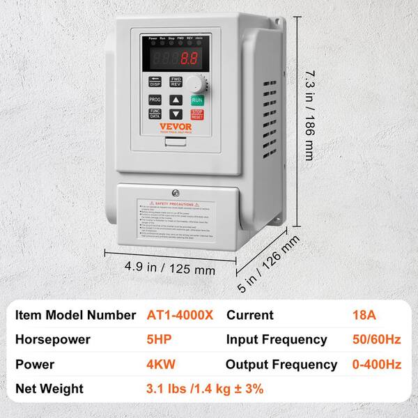 VEVOR VFD 4KW 18 Amp 5HP Variable Frequency Drive for 3 Phase