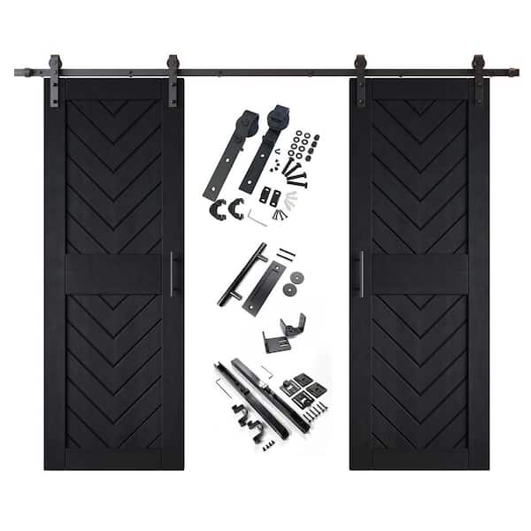 JT3 26 in. x 84 in. C-Panel Black Fishbone Design Double Pine Wood Sliding Barn Door with Hardware Kit