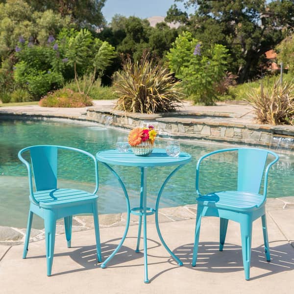 Sudzendf Blue 3-Piece Metal Outdoor Bistro Set, 2-Chairs and Round Table