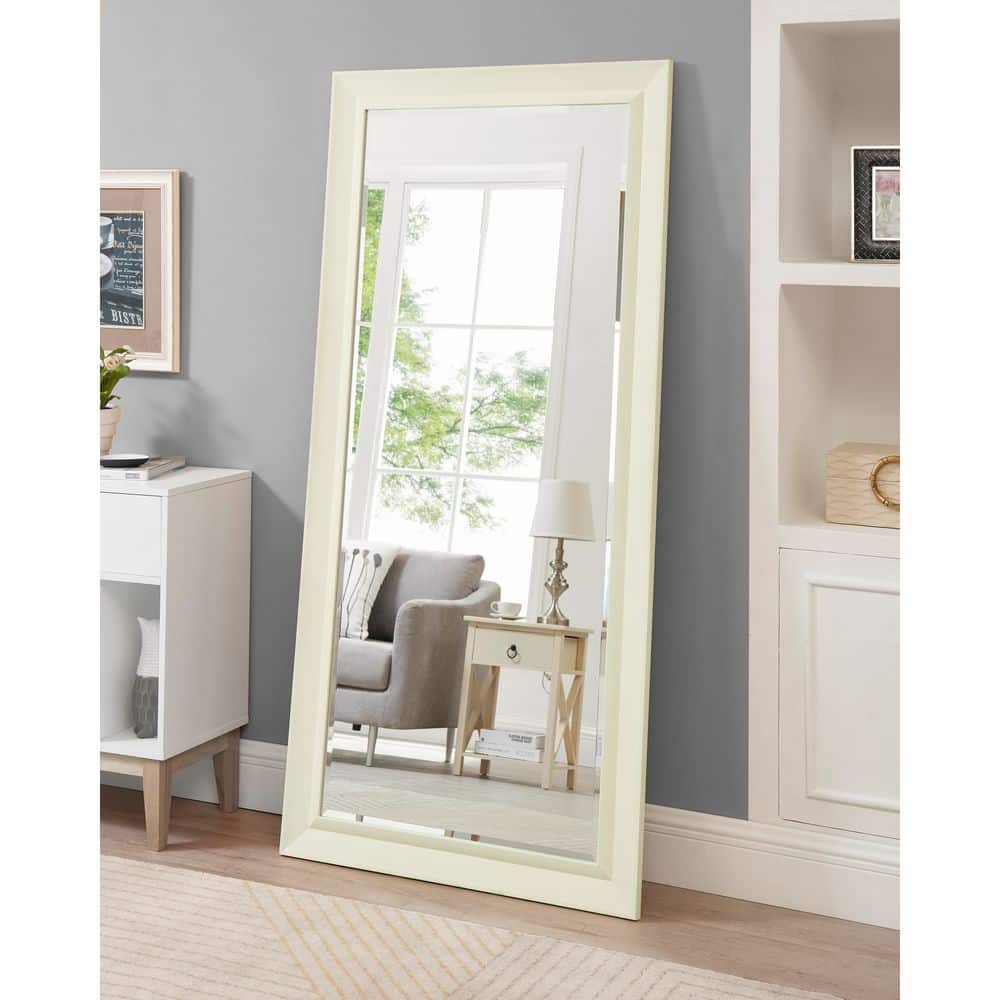 Cream White 32 in. W x 66 in. H Rectangle Wood Full Length Mirror, Chic Full Length Standing Mirror for Bedroom