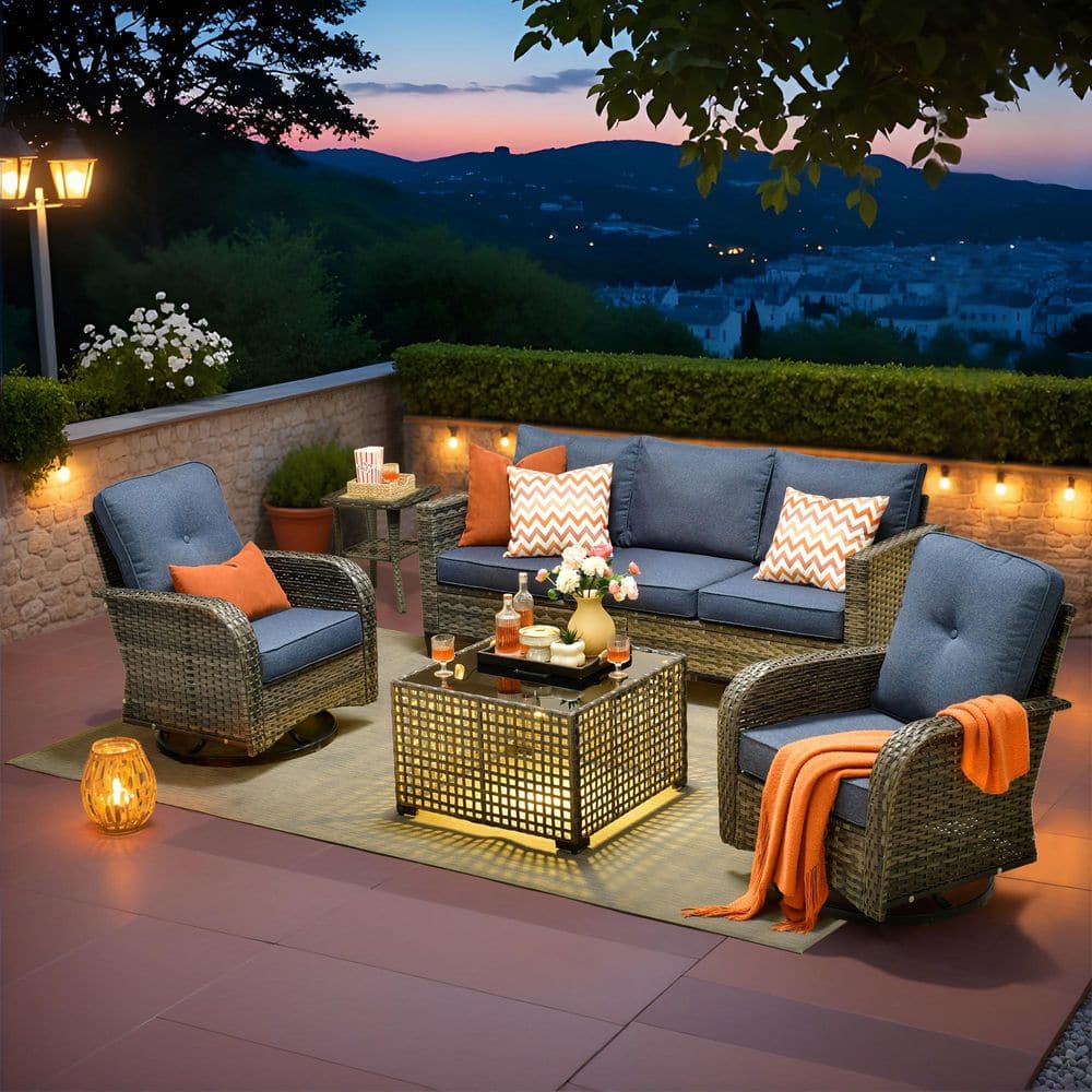 Arte 5 Pieces Wicker Outdoor Patio and Swivel Rocking Chairs with Deinim Blue Cushions price history on PriceWatchPro