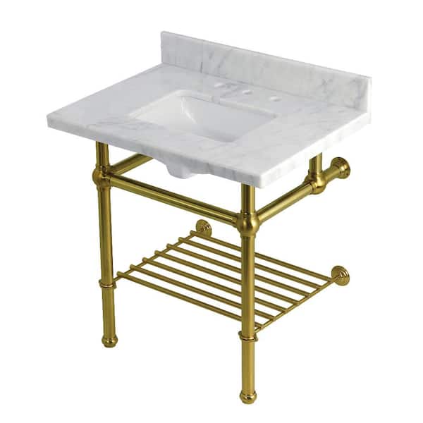 Templeton 30 in. Marble Console Sink with Brass Legs in Carrara Marble Brushed Brass