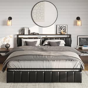 Brown Metal Frame King Size Platform Bed with Charge Station and Storage Headboard and Drawers Rustic