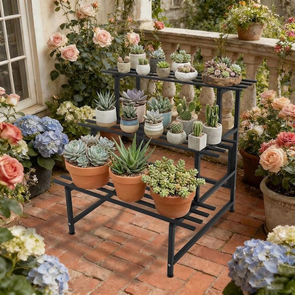 YIYIBYUS 3-Tier Black Metal Carbon Steel Freestanding Outdoor